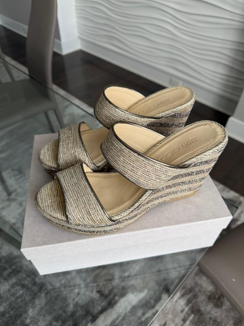Jimmy Choo Metallic Gold Multi-Textured Wedge Sandals - Picture 4 of 4